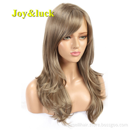 Wholesale Price Long Blonde Mix Brown Color Party Natural Wave Wigs for Women With Bangs Cosplay Wig Style Synthetic Hair Wigs